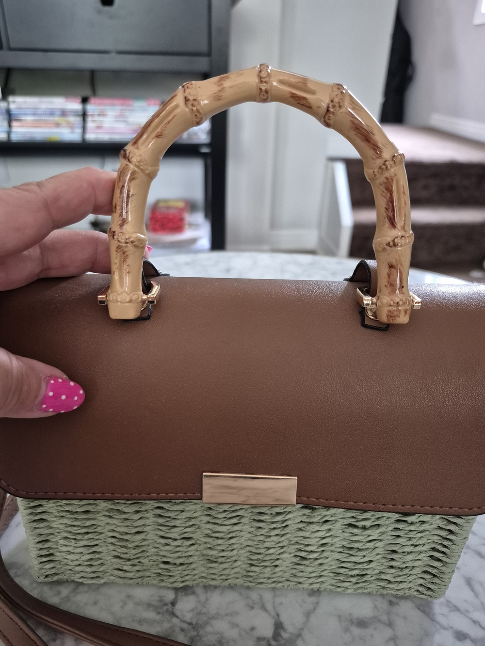Straw Crossbody Bag with Brown Trim - Picture 3 of 10